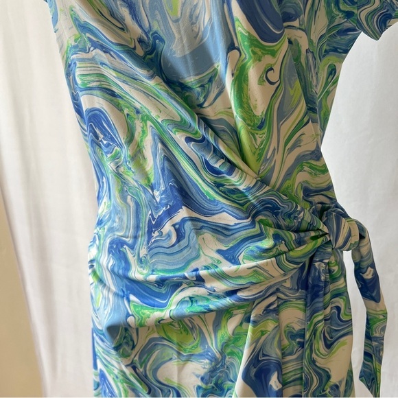 J MCLAUGHLIN ELORA DRESS M WATERCOLOR COASTAL CATALINA CLOTH RUCHED SUMMER CHIC - Picture 8 of 13
